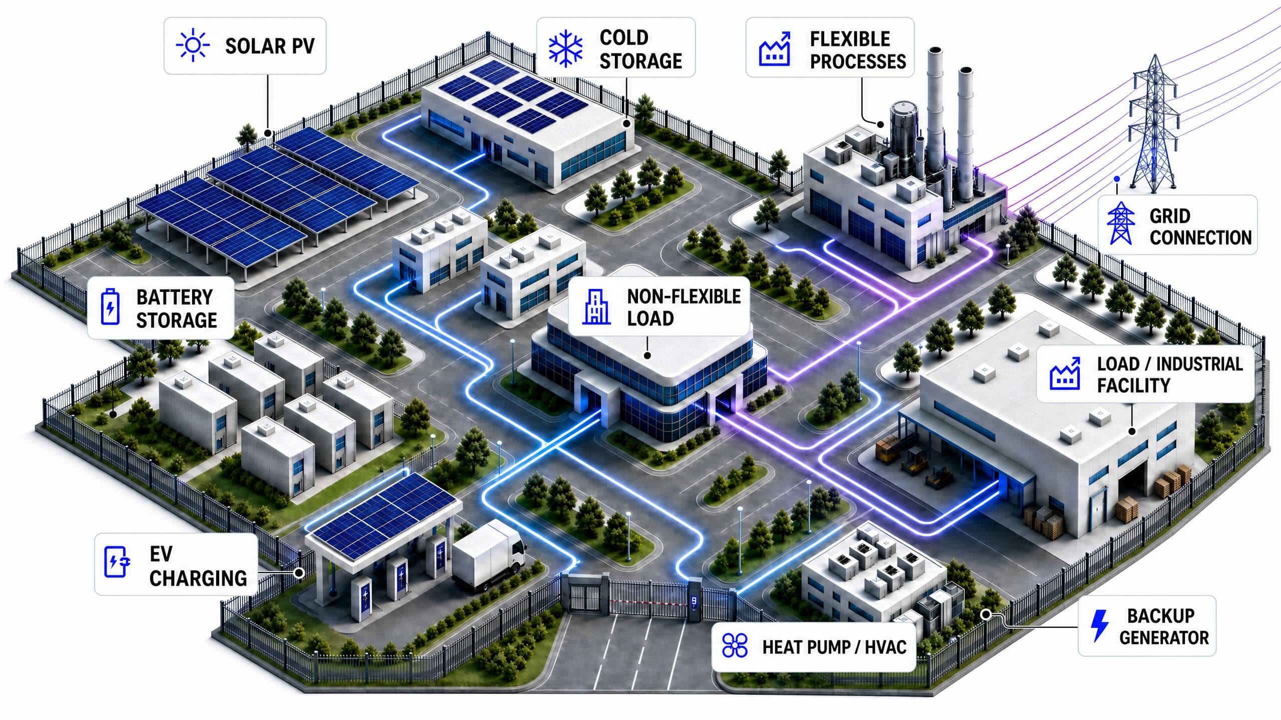 Qynn customer site — solar, BESS, EV charging, heat pump, generator and load all connected to one optimised energy flow